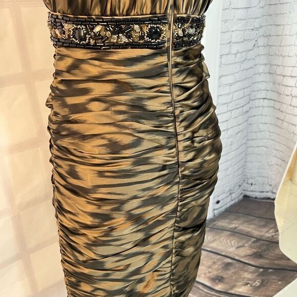 Carmen Marc Valvo Beaded Belted Ruched Silk Cocktail Green Evening Dress Size 4 - Picture 8 of 13